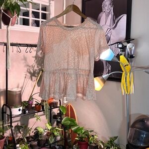 Studio B by Bobeau Peach Floral Print Ruffle Hem Top Short Sleeve XL Blouse